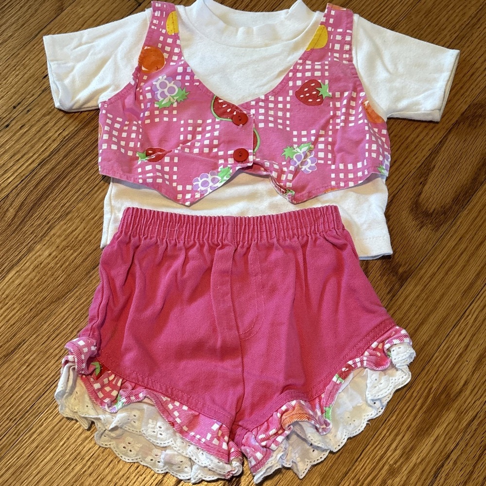 Vtg 80's Strawberry Girl 12-24 Month Ruffle Shorts Vest Shirt Outfit Set Cotton
